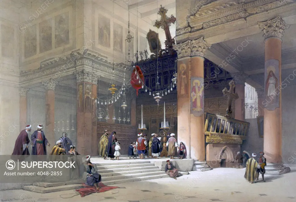 Religion, Chapel of the Church of St. Helena,  inside the Church of the Holy Sepulchre, Church of the Holy Sepulchre, Jerusalem, on the site of Golgotha, the Hill of Calvary; from drawings by David Roberts, Lithographed by Louis Haghe, 1843.