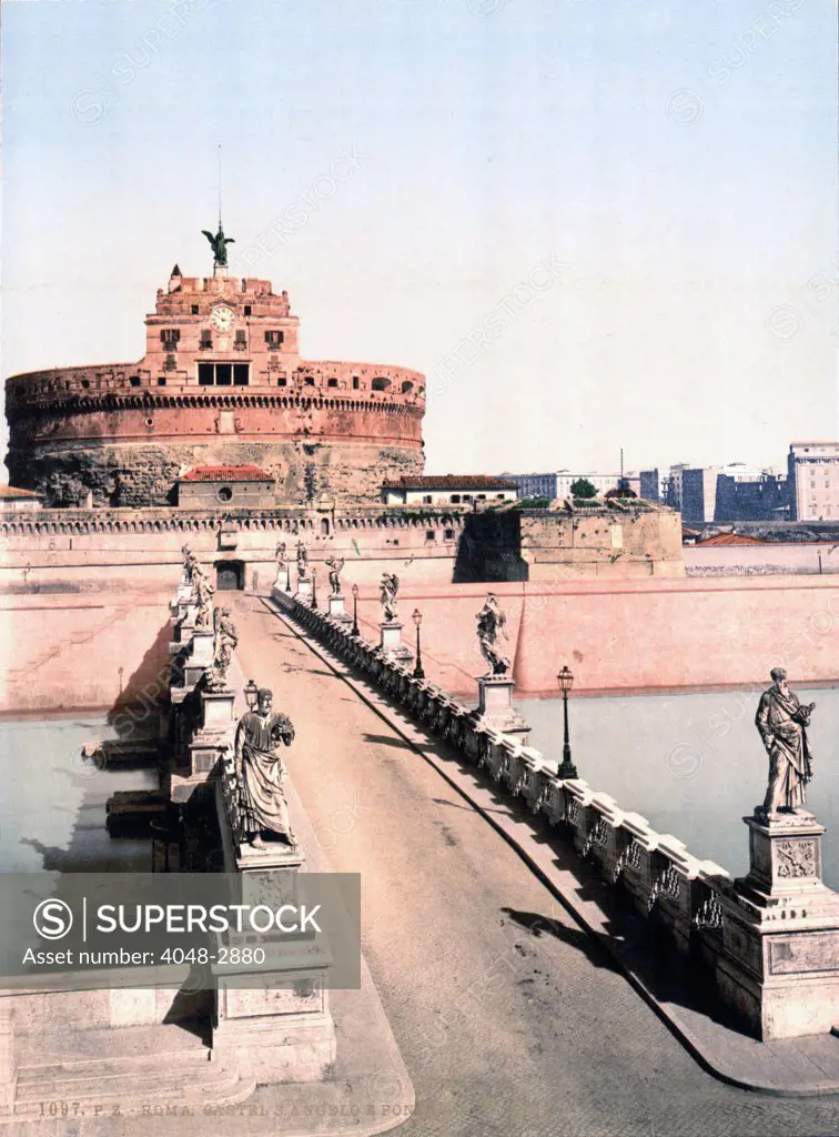 Rome, Castel Sant' Angelo, originally the Mausoleum of Hadrian, and the Ponte Saint Angelo, Rome, Italy; color photochrom ca 1890s