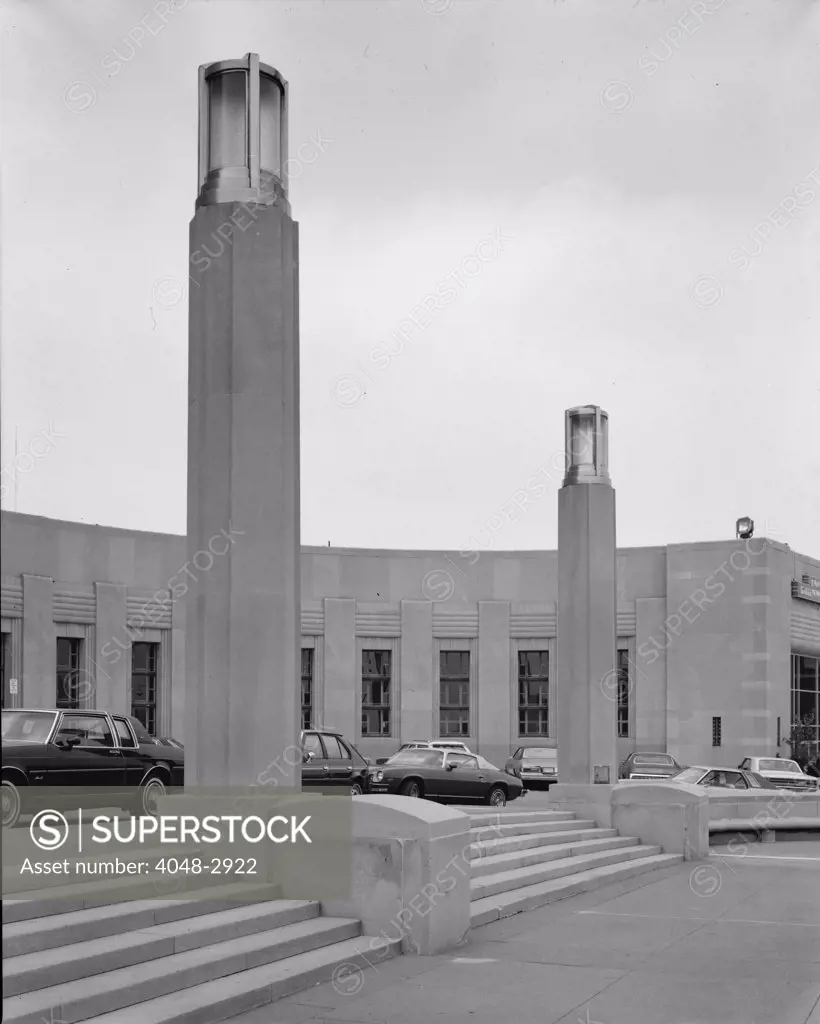Cincinnati Union Terminal, lighting pylons, constructed in 1933, partially demolished in 1974, Cincinnati, Ohio, photograph circa early 1970s.