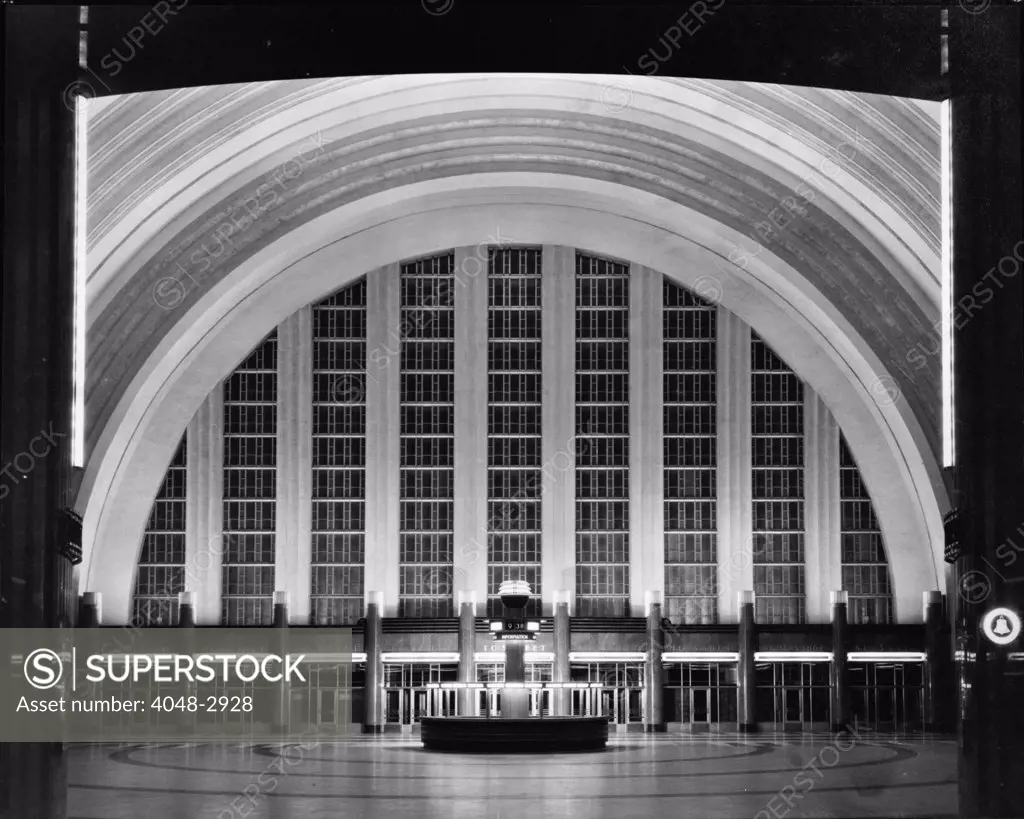 Cincinnati Union Terminal, concourse looking east, constructed in 1933, partially demolished in 1974, Cincinnati, Ohio, photograph circa early 1970s.