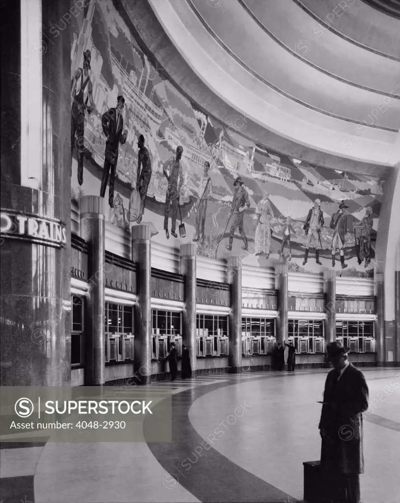 Cincinnati Union Terminal, mural and ticket booths, constructed in 1933, partially demolished in 1974, Cincinnati, Ohio, photograph circa early 1970s.