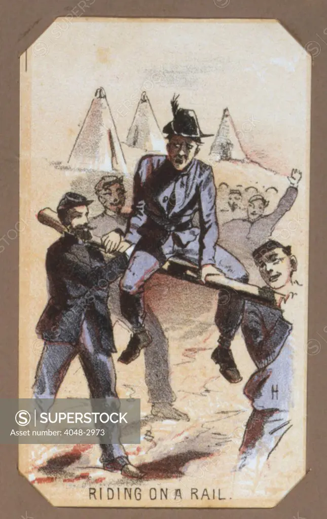 The Civil War, Life in Camp, Riding On A Rail, souvenir card showing the daily life of Union soldiers on the front, in the camp and on furlough, chromolithograph by Winslow Homer, circa 1864.
