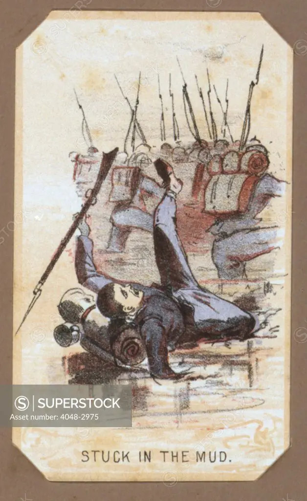 The Civil War, Life in Camp, Stuck In the Mud, souvenir card showing the daily life of Union soldiers on the front, in the camp and on furlough, chromolithograph by Winslow Homer, circa 1864.