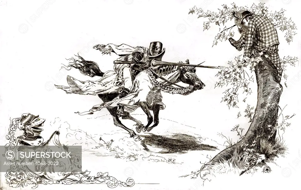 American Illustration, Knight in armor tilting at man in modern dress in tree onto which man in modern dress has climbed for refuge, published as a frontispiece in A Connecticut Yankee in King Arthur's Court, pen and ink over graphite by Daniel Carter Beard, 1889.