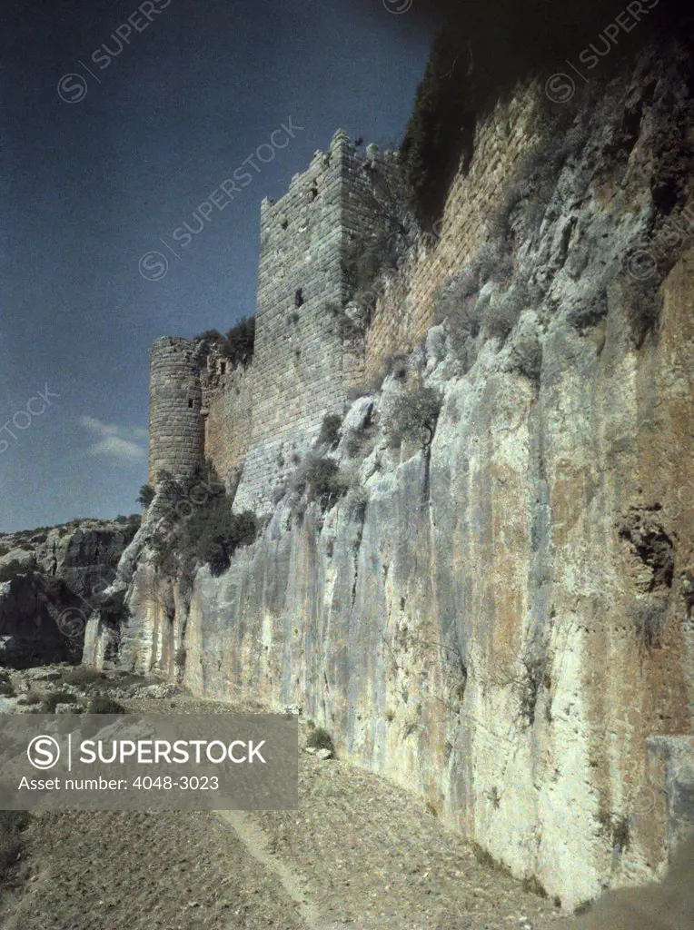 Moat of Saladin's Castle, a Byzantine Castle once occupied by Crusaders, Syria, Lumiere colorfilm, circa 1934-1939.