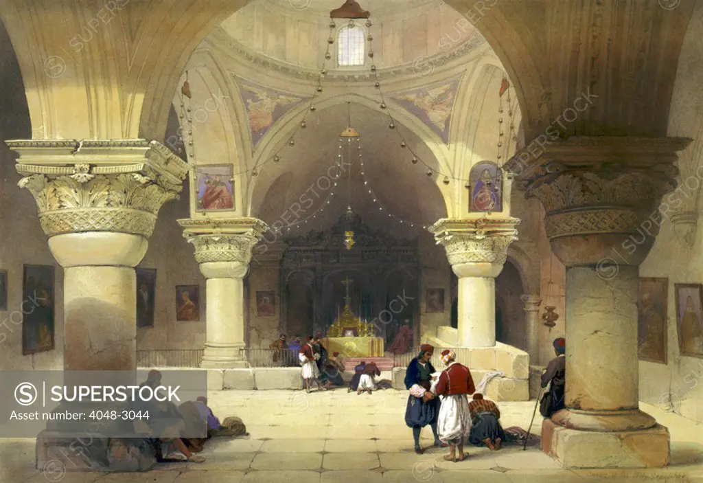 Crypt of the Holy Sepulchre, Chapel of St. Helena, Jerusalem, lithograph by Louis Haghe, 1842.