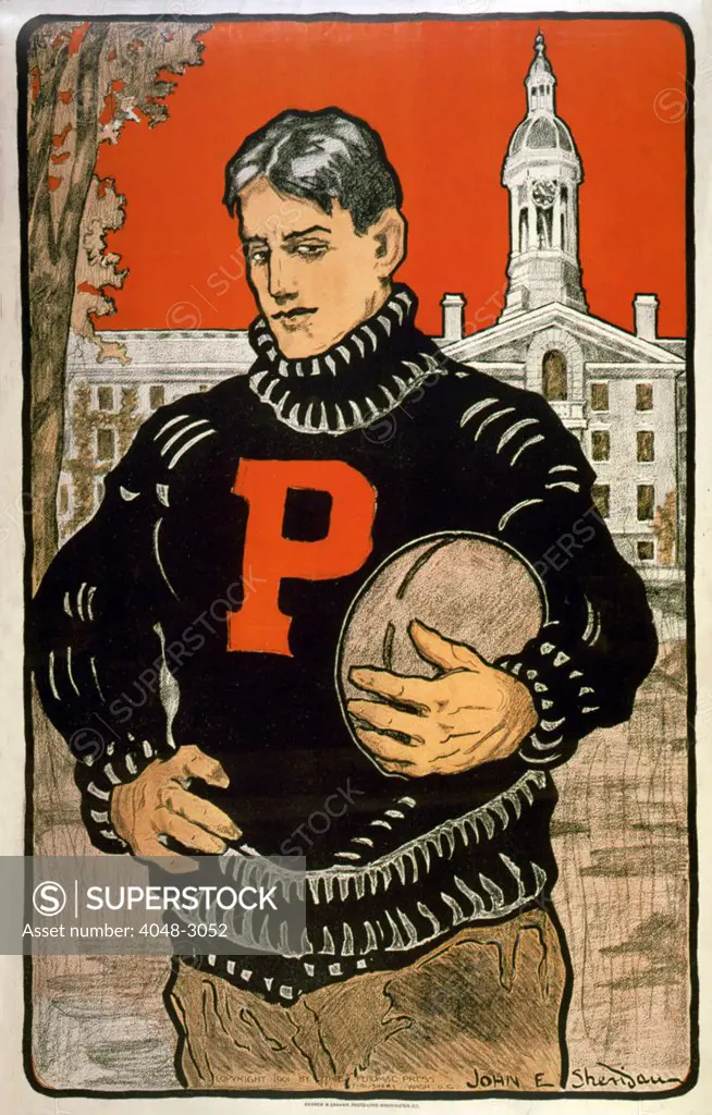 Football. A Princeton football player poses with the ball, color lithograph, John Sheridan, artist, 1901