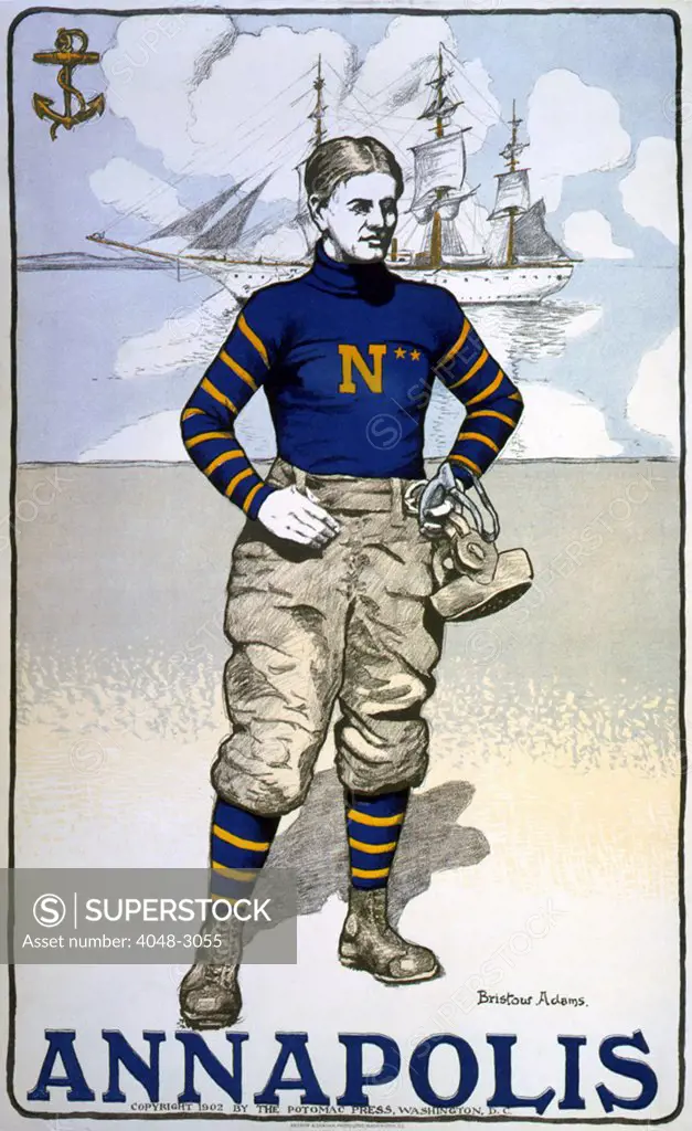 Football. Portrait of a US Naval Academy player, color lithograph, Bristow Adams, artist, 1902
