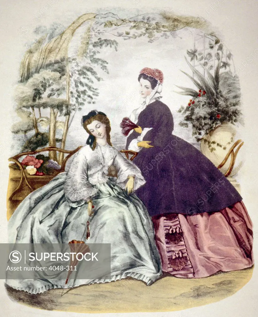Illustration of 19th century fashions, circa 1860, from 'La Mode Illustree'. Photo: Courtesy Everett Collection