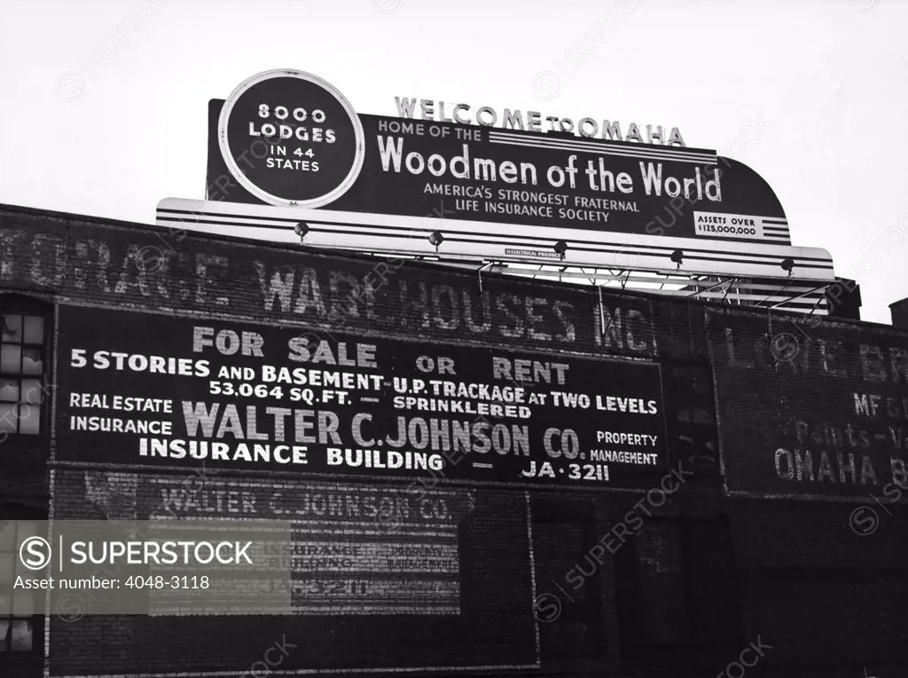 Nebraska, 'Welcome to Omaha' sign across from the Union Station, photograph by John Vachon, Omaha, November, 1938.