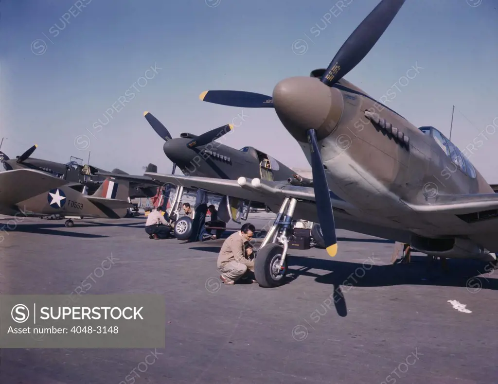 World War II, P-51 mustang fighter planes being prepared for test flight at the field of the North American Aviation Inc. Plant, photograph by Alfred T. Palmer, Inglewood, California, October, 1942.