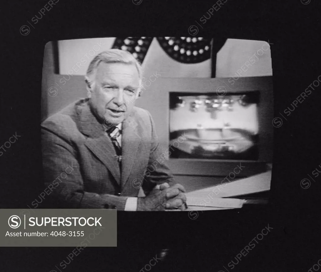 Walter Cronkite, American Journalist, on television during the 1st presidential debate between Gerald Ford and Jimmy Carter, in Philadelphia, Pennsylvania, photograph by Thomas J. O'Halloran, September 23, 1976.