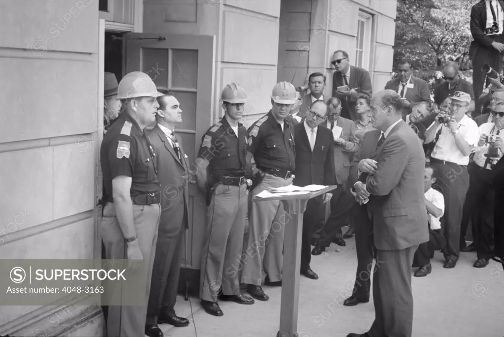 Civil rights, Governor George Wallace (third from left), attempting to block integration at the University of Alabama, he is confronted by Deputy U.S. Attorney General Nicholas Katzenbach (front right), photograph by Warren K. Leffler, June 11, 1963.