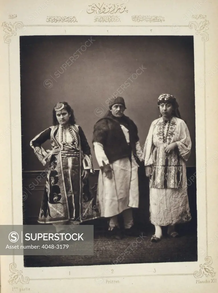 The Ottoman Empire, studio portrait of models wearing traditional clothing from Istanbul, Muslim woman of Prizren, peasant from the environs of Prizren, Christian peasant woman of Matefse, photograph by Pascal Sebah, 1873.