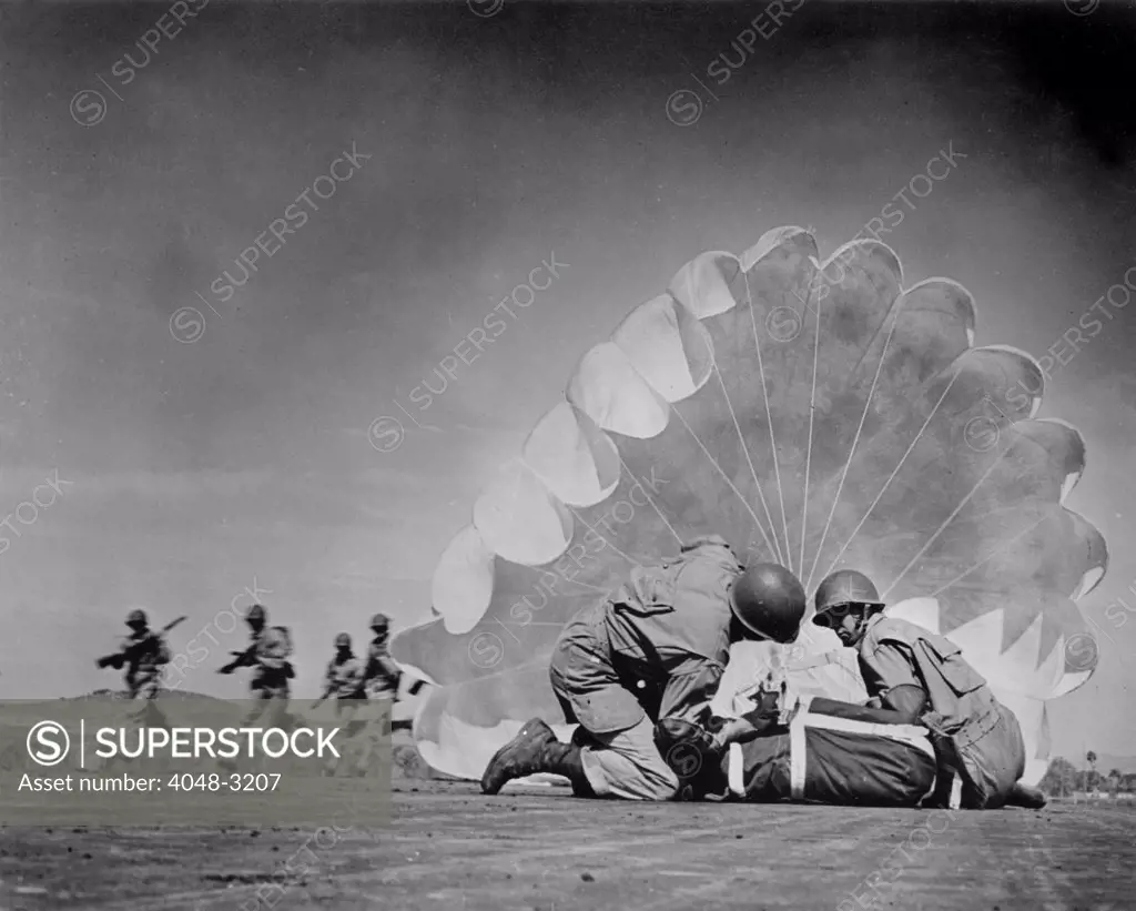 World War II, U.S. paratroopers in action, circa 1940-1946.