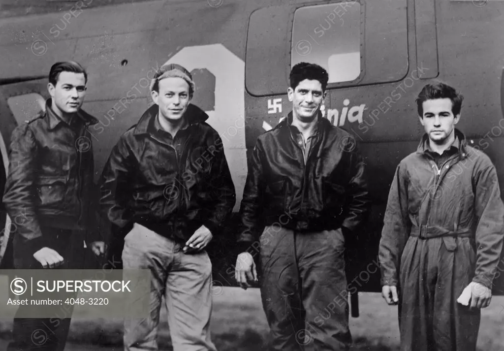 World War II, Four American airmen who were among seven surviving the crash of their Flying Fortress in the North Sea on the return trip from a bombing missing over Hamm, Germany, circa 1943.
