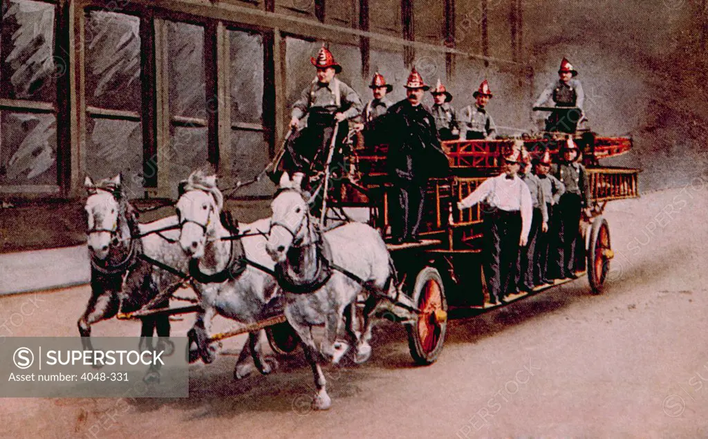 Horse-drawn fire engine on the way to a fire, c. 1890.