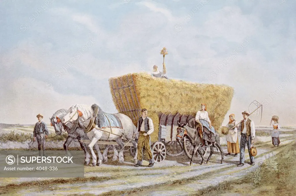 French lithograph of the last load of wheat, 1893.