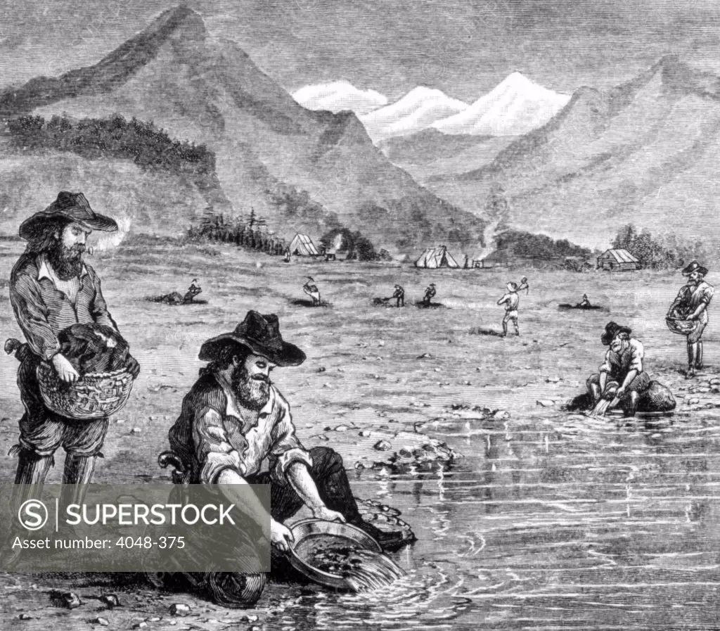 The Gold Rush, panning for gold in California, 1849, engraving 1891