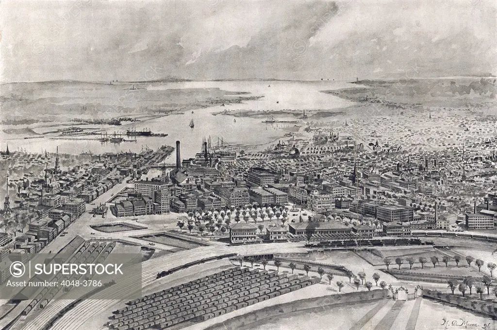 Rhode Island. View of the city of Providence as seen from the dome of the new State House. Drawn by M. D. Mason, published in the Providence Sunday journal, Nov. 15, 1896