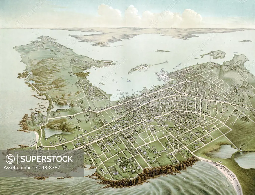 Rhode Island. An aerial view of Newport, Rhode Island, ca. 1878