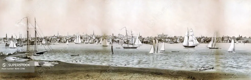 Rhode Island. A view of Newport, Rhode Island from Fort Wolcott, Goat Island. Hand colored lithograph by J.O. Newell, ca. 1860