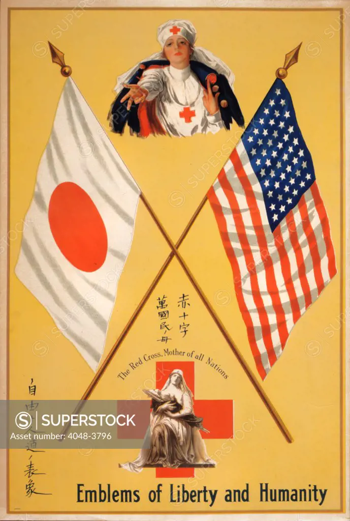 World War I, Poster showing two Red Cross nurses, one cradling in her arms a child on a litter, between the flags of Japan and the United States, 'Emblems of liberty and humanity The Red Cross, mother of all nations', poster circa 1914-1918.