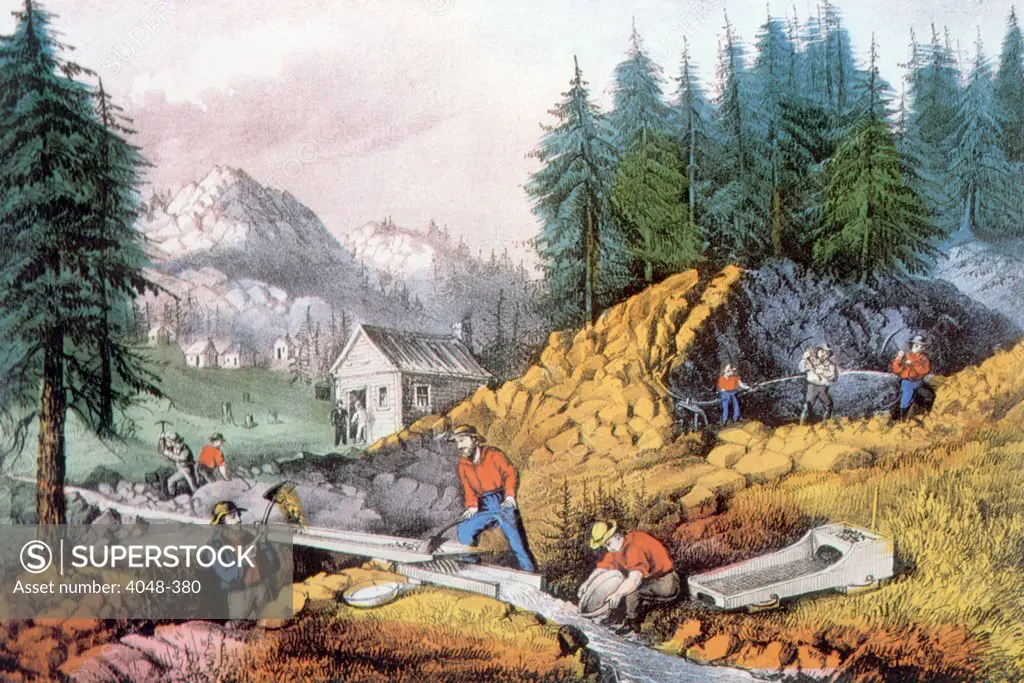 The Gold Rush, gold mining in California, ca. 1849, lithograph by Currier & Ives, 1871