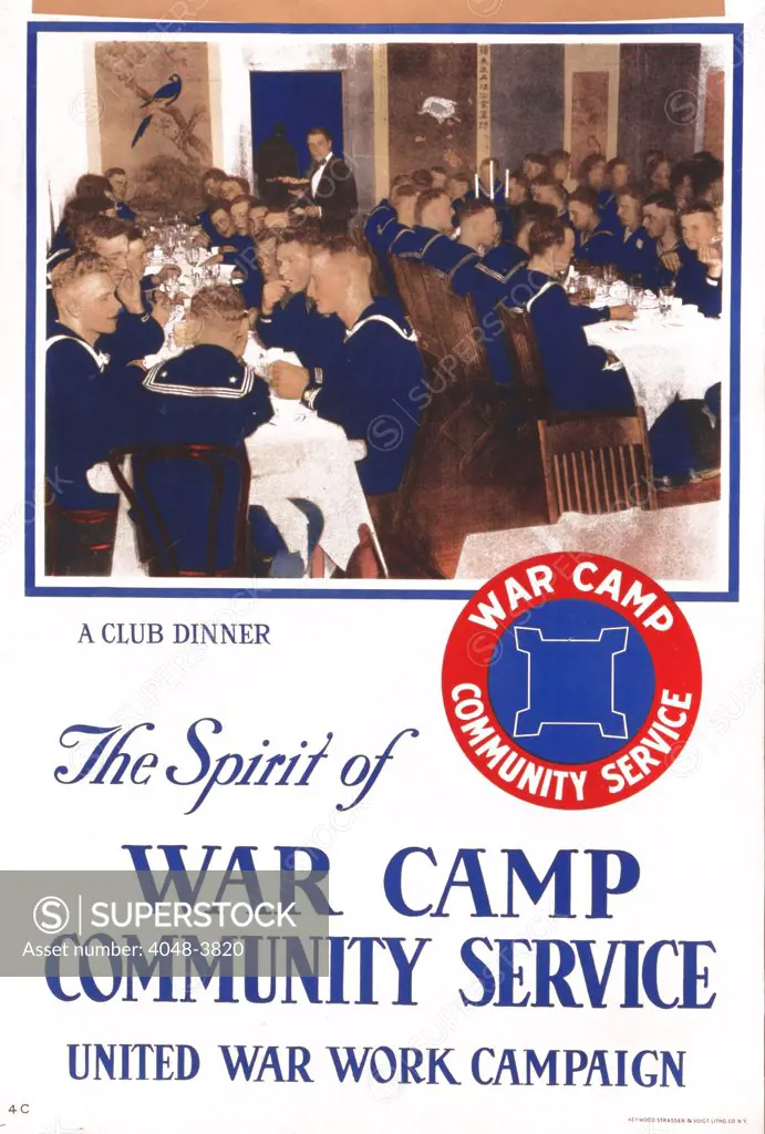 Poster showing a group of sailors socializing at table after a meal, The spirit of war camp community service, Heywood Strasser & Voigt Litho. Co. New York, lithograph, 1918.