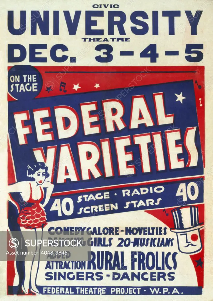 Vaudeville. Federal varieties 40 stage, radio, screen stars; rural frolics. Poster for Federal Theatre Project presentation of 'Federal Varieties' at the Civic University Theatre, showing music hall dancer and man's head wearing a top hat. Silkscreen, ca. 1936-41