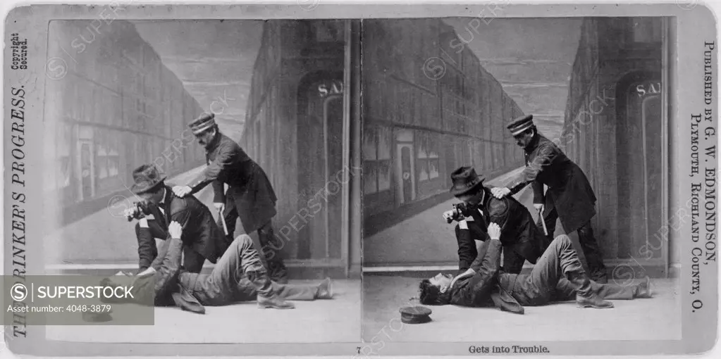 The drinker's progress: Gets into trouble, stereograph showing a studio scene of a policeman intervening in a fight, against a painted backdrop, stereo photograph by G.W. Edmondson, 1874.