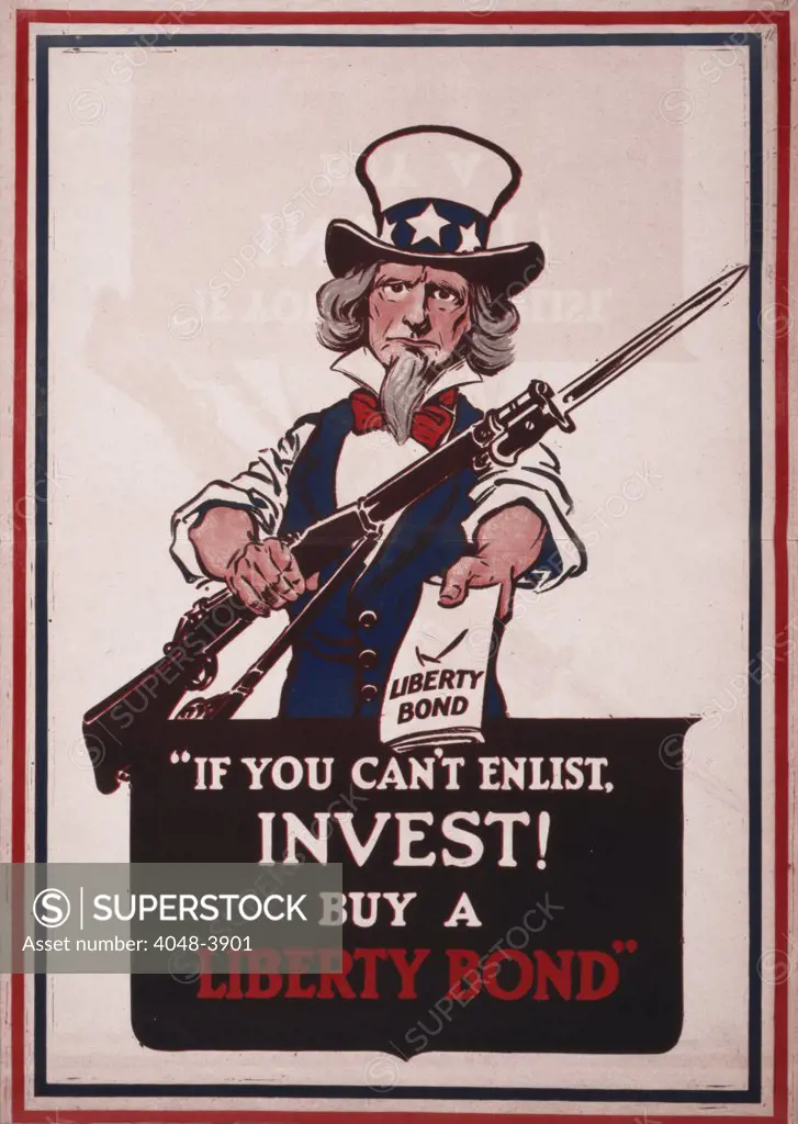 World War I, poster showing Uncle Sam with rifle and bayonet, offering a Liberty Bond, text reads: 'If you can't enlist, invest! Buy a Liberty bond', poster: 1917.