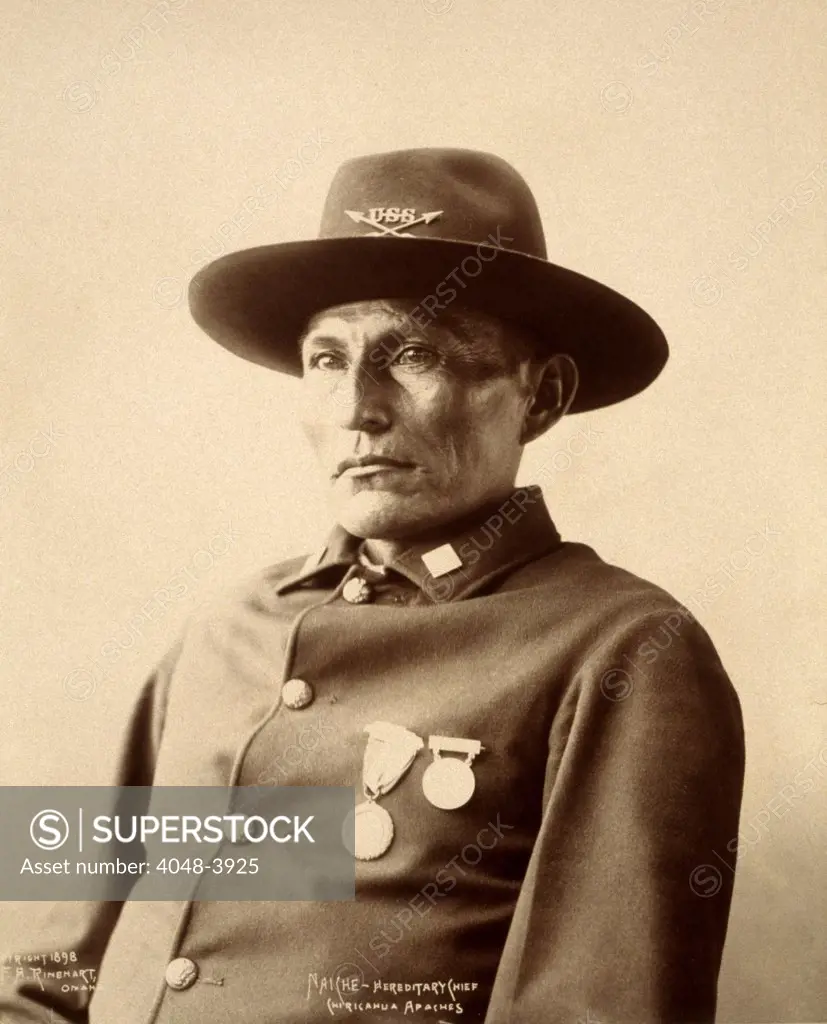Wild West. Naiche, Chiricahua Apache chief, half-length portrait, facing left, dressed in a military uniform decorated with medals, Adolph F. Muhr, photographer, 1898
