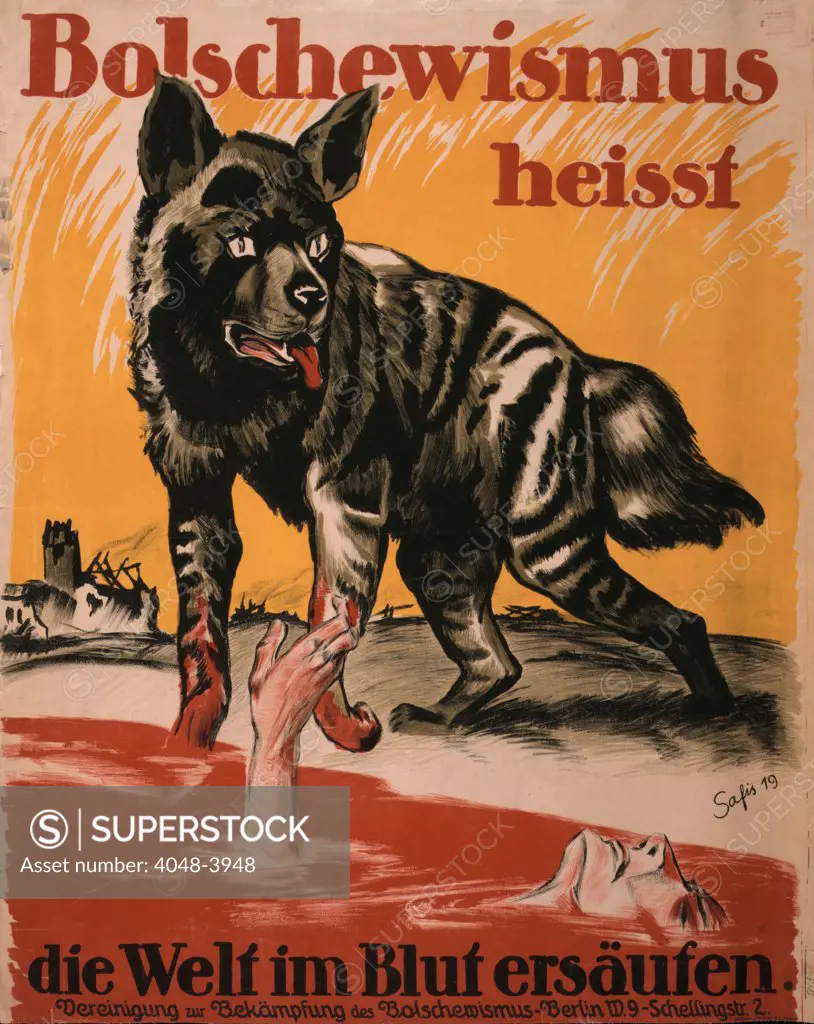 World War I, Bolshevism, Poster shows a wolf standing near a pool of blood with a man drowning and destroyed buildings. Text: 'Bolshevism means the world will drown in blood. Association to Fight Against Bolshevism.', German text reads: 'Bolschewismus heisst die Welt im Blut ersäufen', poster by Joh Safis, 1919.
