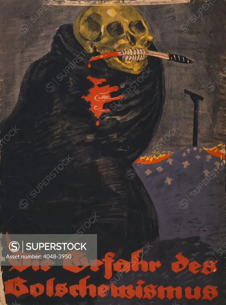 World War I, Bolshevism, Poster shows a skeleton, wrapped in a black cloak, with a bloody knife held in teeth. In the background a hill of crosses with a gallows. Text: 'The danger of Bolshevism', German text reads: 'Die Gefahr des Bolschewismus', poster by Rudi Feld, 1919.