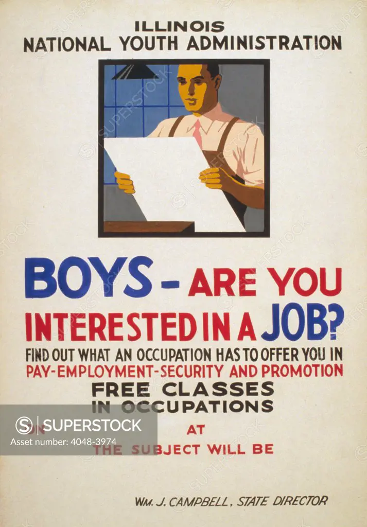 Help Wanted. Boys - are you interested in a job Poster for Illinois branch of the National Youth Administration promoting educational opportunities for young men seeking training for employment. Color silkscreen, 1936