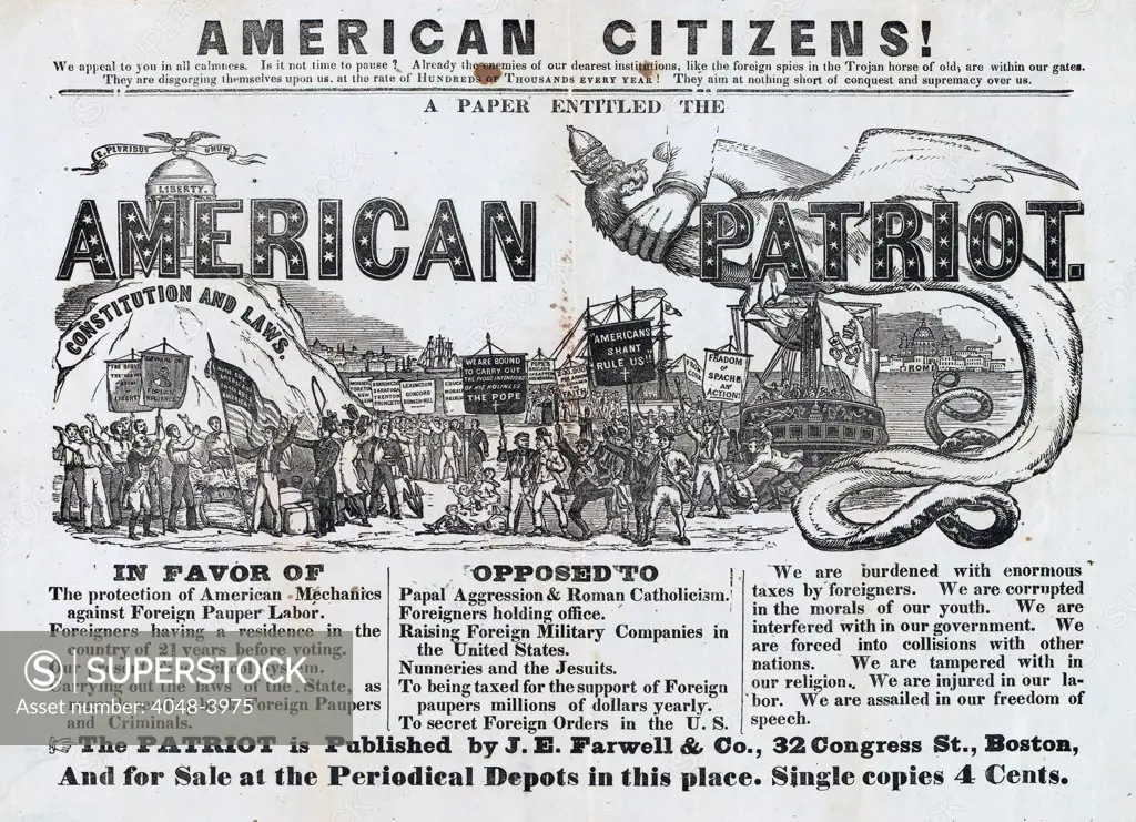 Anti-Irish advertisement. An advertisement announcing publication of the 'American Citizen,' a short-lived nativist newspaper. The broadside is illustrated with an elaborate and venomous anti-Catholic (mostly Irish) scene. Published by J. E. Farwell, engraving and letterpress, 1852