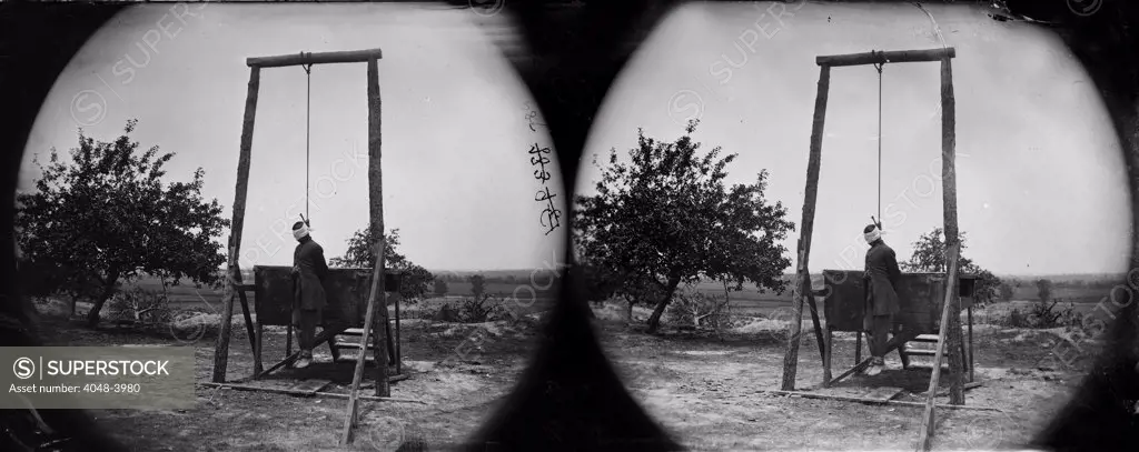 The Civil War, stereoview of an executed African American man, title: 'The hanged body of William Johnson, A negro soldier', Jordan's Farm, Petersburg, Virginia, photograph, June 20, 1864.