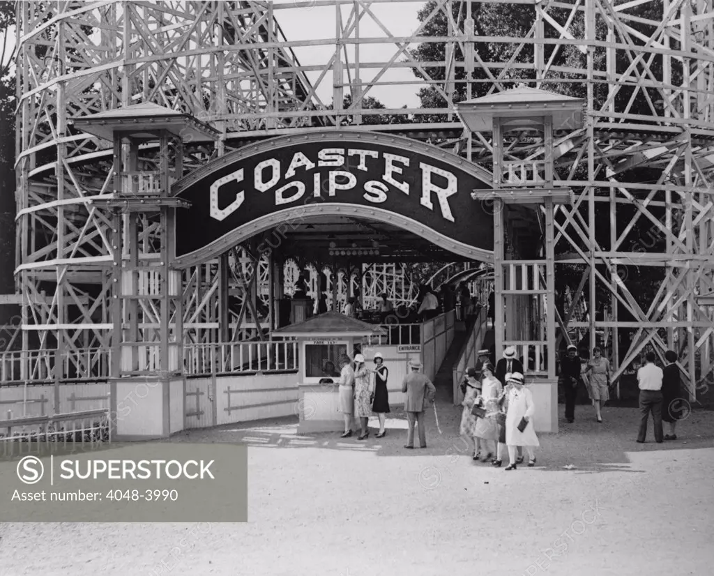 Amusement parks, entrance to the Coaster Dips, the roller coaster at the Glen Echo Park, Maryland, photograph, 1909-1932.