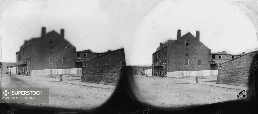 The Civil War, Castle Thunder, warehouse used as a prison, Richmond, Virginia, stereo photograph, April, 1865.