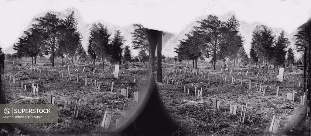The Civil War, graves of Confederate soldiers in Hollywood Cemetery, with board markers, Richmond, Virginia, stereo photograph, 1865.