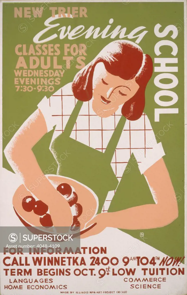 School, poster showing a woman wearing an apron with her hand in a bowl of food, reads: 'New Trier evening school Classes for adults, Wednesday evenings 7:30 - 9:30', print from the Federal Art Project, 1941.