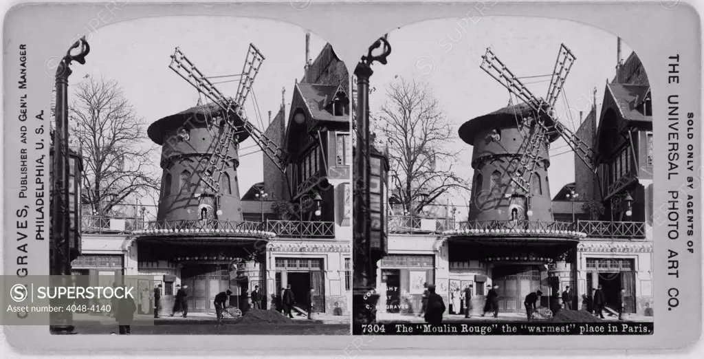 The Moulin Rouge, from caption: 'the warmest place in Paris', France, stereo photograph by Carleton H. Graves, 1910.