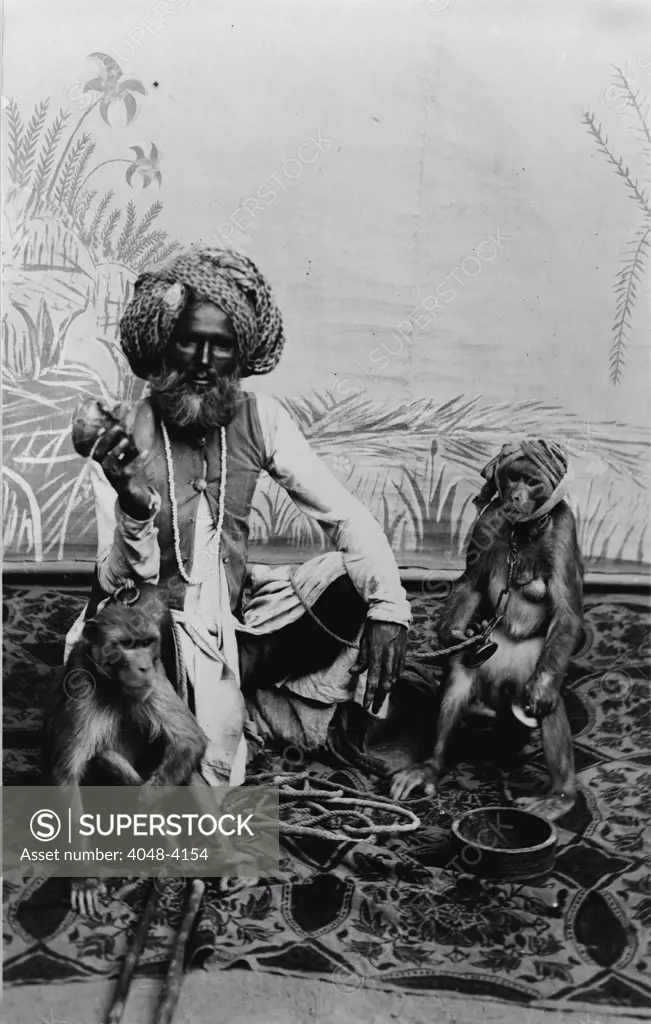 Portrait of an Indian Fakir with monkeys, India, photograph, circa 1900s-1920s.