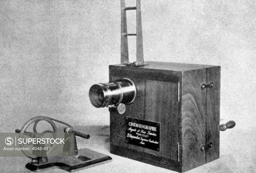 The Lumiere Cinematographe, invented and demonstrated by Louis Jean and Auguste Lumiere in 1895