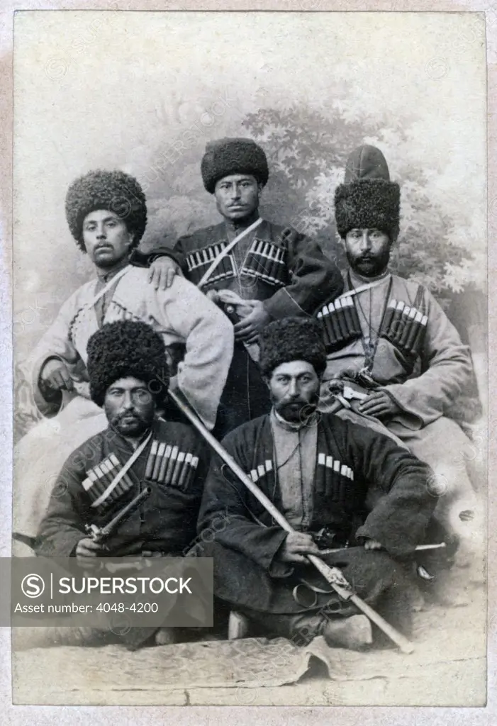 Chechen Cossacks. Wedding party group portrait carte de visite ca. 1870-1886
