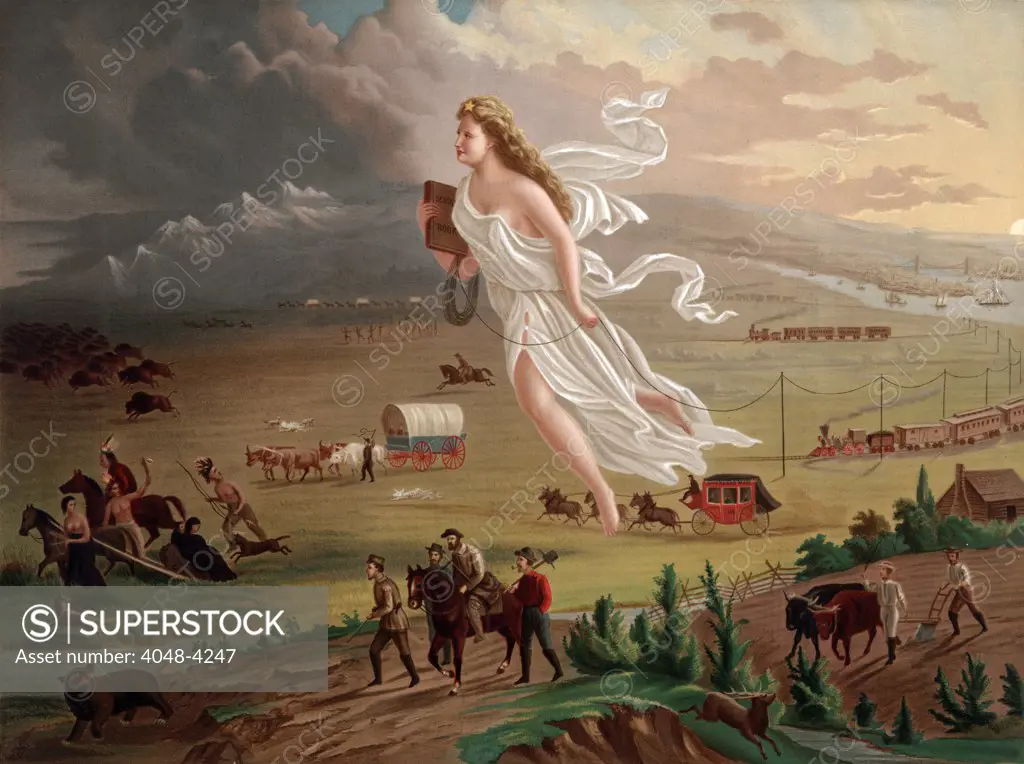 Westward ho! Allegorical female figure of Columbia leading pioneers and railroads westward while stringing telegraph wire across the plains. Chromolithograph after a painting by George A. Crofutt, 1873
