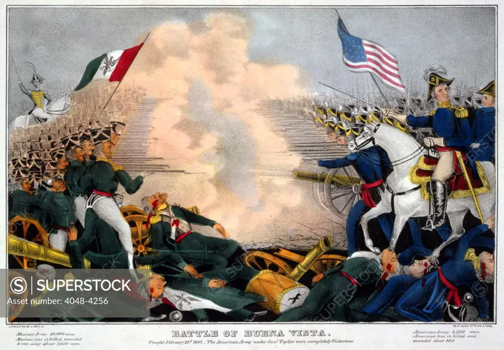 Mexican-American War. Battle of Buena Vista--Fought February 23d, 1847--The American Army under Genl. Taylor were completely victorious. Color Lithograph, James Bailie, 1847