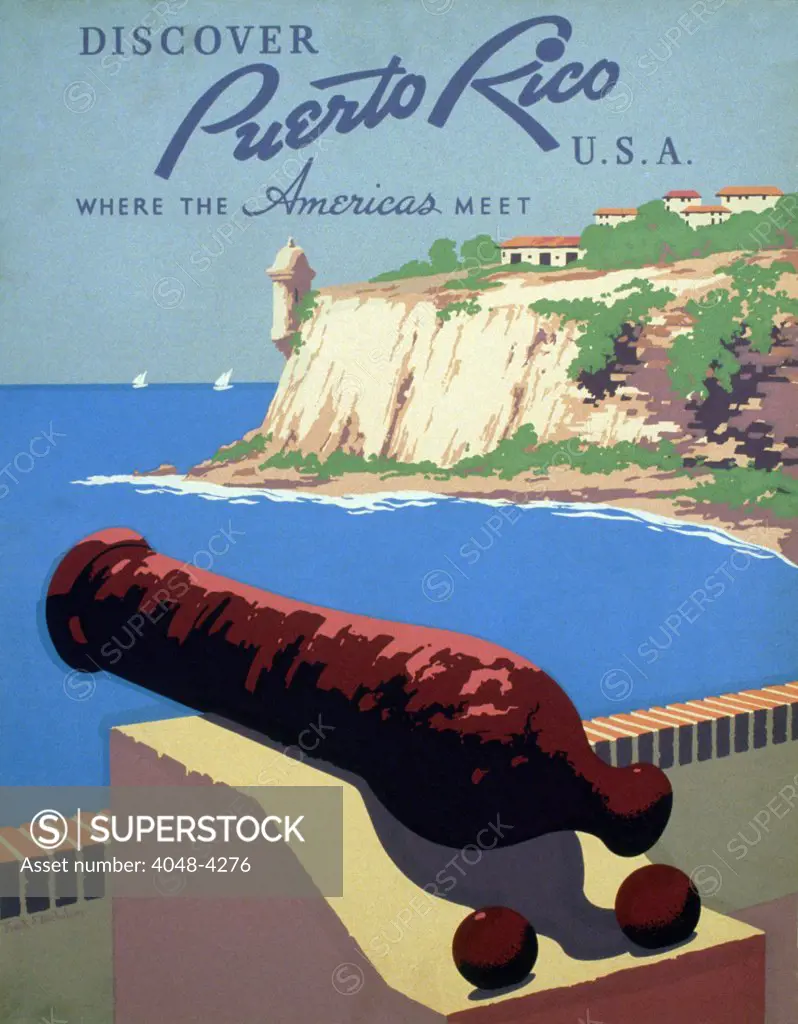 Puerto Rico. Poster promoting Puerto Rico for tourism, showing view of harbor from Morro Castle. Color silkscreen, by Frank Nicholson, ca. late 1930s
