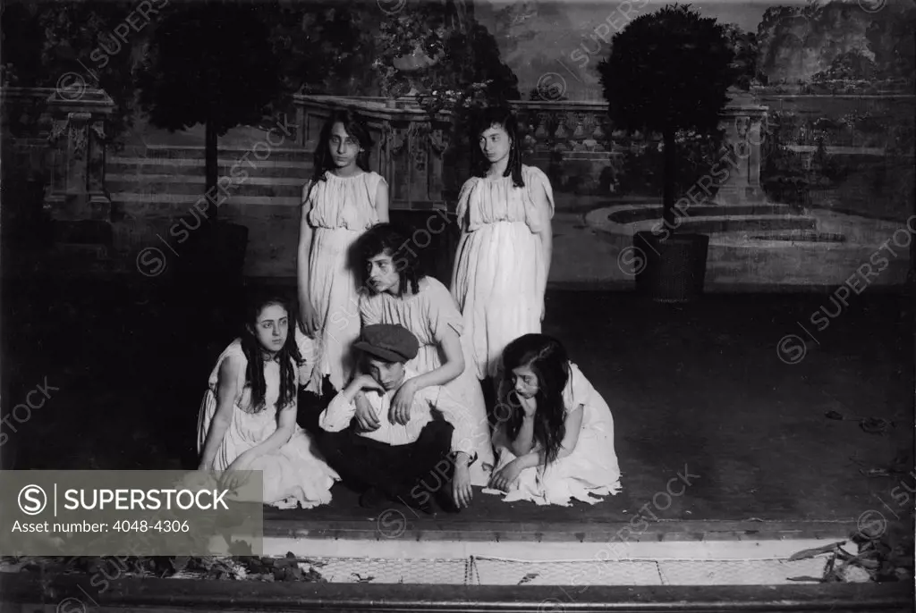 High school play, original caption: 'Miss Mackay's Pageant Children of Sunshine and Shadow as presented at Washington Irving High School, New York, photograph by Lewis Wickes Hine, June 5, 1916